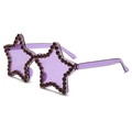 Detail view of purple star-shaped rimless sunglasses with hand-set rhinestones and clear arms - C2-Purple