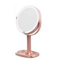 Elegant rose gold LED makeup mirror with a round HD glass and storage base on white background - Desktop Storage Style / 5X Magnification / Rose Gold