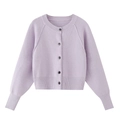 Classic lavender knit cardigan with round neck and dark buttons on white background - S / Light Purple