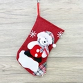 Red faux linen Christmas stocking with snowman patch, plaid trim and hanging loop - Linen Medium Stocking (Bear Style)