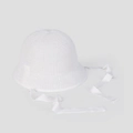 Detail of white crochet knit bucket hat featuring long ribbon straps and airy texture - M(56-58cm) / White