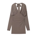 Vestido corto ajustado de manga larga con cuello en V en color topo con fruncido - XS / Camel