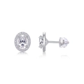 Detail of sterling silver oval-cut halo stud earrings with secure butterfly and silicone backs - E13419-Oval Halo with GRA Certificate