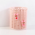 Pink woven texture cylindrical pen holder with cute cartoon bunny characters for desk storage - Girls