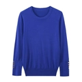 Close-up of royal blue knitted sweater sleeves featuring decorative gold buttons and ribbed cuffs - S / Sapphire Blue