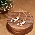 Christmas reindeer hook earrings in gold and white enamel with festive red accents - Red and White Christmas Reindeer Style (E00921G)