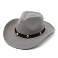 Detail of gray wool fedora hat featuring black band with gold metal studs - Gray