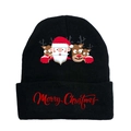 Detail of knitted winter beanie featuring red Merry Christmas text and festive patterns - Black-Style E