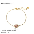 Golden stainless steel chain bracelet with a pink oval sunburst sunflower pendant - Sunflower Style Pink Stone (HF-S4174-PK)