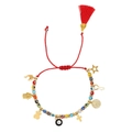 Handmade red braided bracelet with evil eye beads, gold charms, and a tassel fringe - Multi-pendant Evil Eye Red (JS-B23063002A)