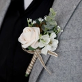Champagne foam rose boutonniere for men with green leaves and rustic twine handle - Champagne