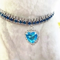 Blue and white rhinestone pet collar with a large blue heart-shaped crystal pendant - Lake Blue / S