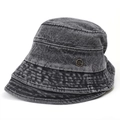Close-up of deep gray washed denim bucket hat featuring a vintage bronze metal badge - 55-59cm (Adjustable) / Black