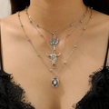 Boheemse drielaagse ketting met turquoise cactus en stierenschedel in zilver - Cactus Stierenkop Ketting (A-368) / Antiek Zilver