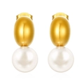 Dettaglio ravvicinato di orecchini ovali placcati oro 18K con perle bianche incastonate - Oro