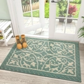 Felpudo de polipropileno con patrón Damasco azul y beige sobre suelo de madera clara - 50*80cm / Estilo Huahailan / Verde