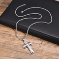 Classic double-layered cross pendant necklace in silver stainless steel for men - Necklace Set / Silver Pendant + Chain