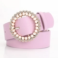Elegant lavender faux leather belt for women with pearl and rhinestone circular buckle - Purple