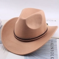 Classic khaki wool fedora hat with wide brim and brown braided leather band detail - One Size 57-58cm / Leather Braid Band / Camel