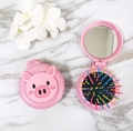Pink pig cartoon folding hairbrush with rainbow bristles and built-in mirror - M5P Pig