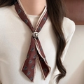 Brown paisley silk scarf necklace with a silver heart buckle for women's neck accessory - Dark Brown Paisley