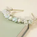 Couronne de fleurs en perles pour filles avec perles crème et pétales verts délicats - Bandeau Floral Bleu