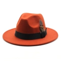 Detail of terracotta wool fedora hat featuring black ribbon and decorative feathers - Caramel color