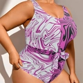 Plus size one-piece swimsuit with purple marble print and adjustable waist tie - 0XL / Purple
