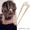 U-shaped gold hair pin with white shell inlay, minimalist metal hair fork for bun styles - Irregular: Gold with White Shell