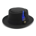 Detail of black wool pork pie hat featuring blue feathers and a vintage metal badge - M(56-58cm) / Black