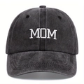 Vintage dark gray washed cotton baseball cap with white MOM embroidery and curved brim - Adjustable / Black (Washed Dark Grey)
