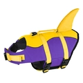 Purple and yellow shark style dog life jacket with dorsal fin and adjustable straps - Purple