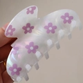 Translucent white hair claw clip with purple floral print and iridescent pearl finish - Purple Flower (H590)