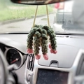 Handmade crochet hanging plant car accessory with green leaves and pink flower buds - S-Leaves + Small Pink Flowers