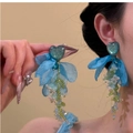 Détail des boucles d'oreilles longues en organza bleu avec perles florales et coeurs - Style de Clip d'Oreille à Pompon Fait Main Bleu-Vert Frais (25# Clip d'Oreille-Bleu-Vert)