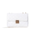 White quilted flap crossbody bag with diamond pattern and golden chain strap - White