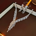 Luxury silver bridal jewelry set with sparkling tassel necklace and matching drop earrings - Silver Plated Oval Zircon Style