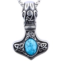 Collana vintage Mjölnir con nodi celtici e pietra verde su catena in argento lucido - Martello di Thor Turchese (Senza Catena)
