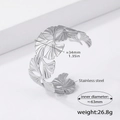Silver hollow ginkgo leaf open cuff bracelet in durable polished stainless steel - Silver