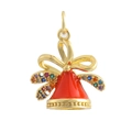 Dettaglio del ciondolo a campana di Natale dorato con smalto rosso e fiocco di gemme colorate - Combinazione fiocco