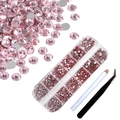 Pink nail art rhinestone set in 12-grid box with picker pen and precision tweezers - Light Pink Set with Dotting Pen & Tweezers