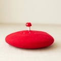 Detailed view of handmade red mushroom beret with white felt polka dots and mini top mushroom - M (56-58cm) / Red/Mushroom