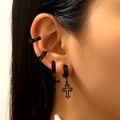 Detailed view of black punk earrings set with cross charms and spiky ear cuffs on ear - Cross and Spike Combo / Matte Black Style (3813)