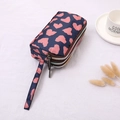 Navy canvas triple zipper wristlet wallet with pink heart pattern and carrying strap - Pink Heart