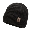 Black ribbed knit winter beanie for men and women with brown leather decorative patch - Marl Grey
