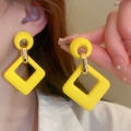 Fashionable candy yellow acrylic square earrings with golden metal matte finish details - Yellow-Rhombus (Steel Pin)