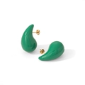 Detailed view of green teardrop earrings with golden studs on a clean white background - Green