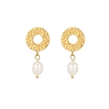 Detailed view of gold dangle earrings with hammered texture metal discs and white pearls - E1599-Gold Hammered Disc with Pearl