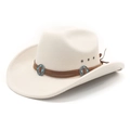 Cappello da cowboy stile etnico color crema in lana con fascia in cuoio e turchese - M (56-58cm) / Beige
