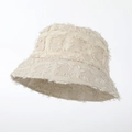 Beige wide-brim distressed bucket hat for women with textured frayed edge and square jacquard - Beige Plaid